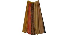 Sunset Magic Dori Patchwork Chic Long Skirt in Clothing - A traditional patchwork skirt in Mitti (earthen) shades, patched together and highlighted on the vertical panels by a thick bundled thread (dori) running from waist to hem to give a unique look. Features: Patchwork, Maxi-Skirt, Peasant, Printed, Bohemian, Handmade. Brown Patchwork Tiered Skirt, Bohemian Brown Patchwork Skirt, Chic Long Skirt, Skirt Patchwork, Traditional Patchwork, Hippie Look, Bohemian Handmade, Trendy Skirts, Patchwork Skirt