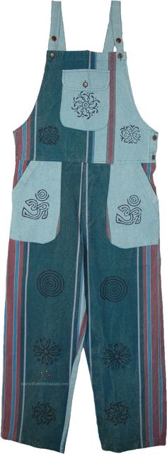 Add this sustainable and unique piece to your wardrobe - The hand-loomed cotton (called shamma cotton) loose-fit pajama-style overalls are apt for reflecting a Bohemian look while staying comfortable. The stonewashed fabric is accentuated with block printing. #tlb #bohemianfashion #Handmade #Junior #Tall #XLPlus #hippiejumpsuitoveralls Relaxed Fit Cotton Overalls, Green Cotton Overalls, Cotton Overalls With Side Pockets And Relaxed Fit, Bohemian Cotton Overalls For Spring, Multicolor Cotton Hippie Overalls, Hippie Multicolor Cotton Overalls, Bohemian Cotton Overalls, Cotton Overalls With Pockets For Festival, Cotton Summer Overalls For Festivals