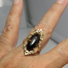 Vintage 10k yellow gold smoky quartz and diamond cocktail ring. 4.8 grams. size 6.5. beautiful detail. 29mm by 19mm. Gold Art Deco Ring With Cabochon, Antique Marquise Collectible Ring, Art Deco Gold Cabochon Ring, Vintage Yellow Gold Marquise Jewelry, Antique Gold Marquise Ring, Antique Marquise Gold Ring, Vintage Marquise Gold Jewelry, Vintage Gold Marquise Jewelry, Antique Marquise Gold Jewelry