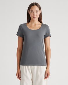 Our soft and stretchy modal cotton blend is wrinkle resistant with a flattering, smooth finish. So, perfect for an easygoing everyday tee.  | Quince | Women's Cotton Modal Crew Neck T-Shirt in Dark Grey, Size XS, Cotton/Modal Silk Pajama Pants, Silk Tee, Duster Cardigan Sweater, Boyfriend Cardigan, Wide Leg Linen Pants, Scoop Neck Tee, Silk Tank, Quince, Cotton Tops