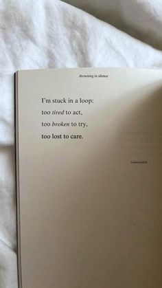 Sad poetry that hits hard 💔  A heartfelt poem about mental health struggles and the relatable feeling of being too tired, too broken, and lost to move forward. This quote speaks to those who know what they need to do to improve their mental health, but lack the motivation to even try. Poetry book about hopelessness, emotional pain and vulnerability. True Things, Graduation Quotes, Poetry Lessons, Poetry Book, Pillow Quotes, Really Good Quotes, Snap Quotes, Move Forward, Healing Quotes