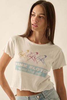 Pink Floyd 1987 Tour Cropped Graphic Baby Tee - ShopPromesa Retro Distressed Cotton Tops, Retro Distressed Tops For Concert, Soft-washed Tops For Spring Concert, Vintage Print Band Merch Crew Neck Top, Retro Washed Cotton Tops, Retro Washed Cotton Top, White Distressed Tops For Concert, Vintage Spring Top For Concerts, Retro Washed T-shirt