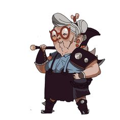 an old woman with glasses and a hammer in her hand is dressed as a demon