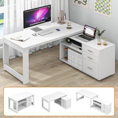 the computer desk has two drawers underneath it