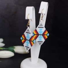 Southwestern Style Beaded Earrings With Ear Wire As Gift, Southwestern Dangle Beaded Earrings As Gift, Southwestern Dangle Beaded Earrings For Gifts, Bohemian White Rectangular Earrings, White Bohemian Rectangular Earrings, Multicolor Beaded Geometric Earrings, Southwestern Beaded Earrings As Gift, Southwestern Style Beaded Earrings As Gift, Southwestern Style Beaded Earrings For Gift