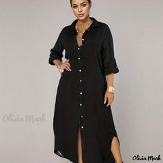 Olivia Mark - Stylish Plus Size Casual Dress for Women - Solid Button Up Lapel Collar Shirt Dress with Roll Up Sleeves Plus Size Casual Dress, Collar Shirt Dress, Button Shirt Dress, Collared Shirt Dress, Stylish Plus, Roll Up Sleeves, Vestido Casual, Curve Dresses, Collar Shirt