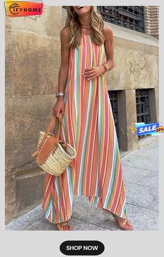 Bohemian Striped Print Sleeveless Holiday Maxi Dress Casual Multicolor Sleeveless Summer Dress, Striped Bohemian Maxi Dress For Summer, Bohemian Striped Maxi Dress For Summer, Casual Multicolor Sleeveless Dress, Bohemian Striped Dresses For Day Out, Casual Multicolor Sleeveless Sundress, Multicolor Casual Sleeveless Dress For Spring, Bohemian Striped Vacation Dresses, Bohemian Striped Dresses For Vacation