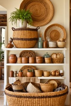 wicker baskets are stacked on top of white shelves