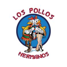 a sign that says los pollos hermano's with two birds hugging each other