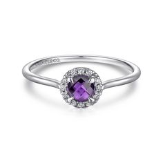 14K White Gold Amethyst and Diamond Halo Promise Ring Purple Diamond Ring In 14k Gold, White Gold Amethyst Ring With Gemstone Accents, Luxury Purple Amethyst Ring With Halo Setting, Luxury Purple Amethyst Birthstone Ring, Fine Jewelry 14k Gold Purple Diamond Ring, Elegant White Gold Multi-stone Amethyst Ring, Formal Multi-stone Amethyst Ring With Round Cut, Purple Diamond Ring With Gemstone Accents, Fine Jewelry Purple Diamond Ring With Gemstone Accents