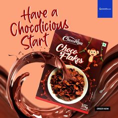 chocolate flakes are being poured into a bowl with the words, have a chocolaticious start