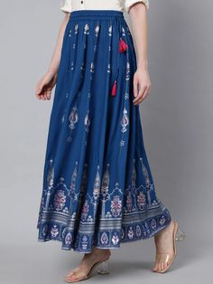 Jaipur Kurti Ethnic Skirts : Buy Jaipur Kurti Women Blue Maxi Flared Skirt With Pink And Golden Khadi Print Online|Nykaa Fashion Ethnic Skirts, Jaipur Kurti, Kurti Women, Nykaa Fashion, Blue Maxi, Skirt Fits, Flared Skirt, Indian Wear, Flare Skirt