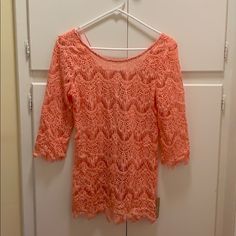 Coral Lace Top. 3/4 Sleeve. Scooped Back With Zipper Closure. Coral Lace, Purple Blouse, Button Top, Floral Tank, Sleeveless Blouse, Dusty Pink, Lace Top, Top Blouse, Coral