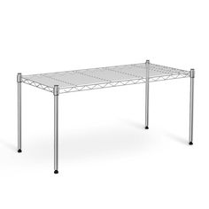 a white metal shelf with two legs and one leg on it's side, in front of a white background