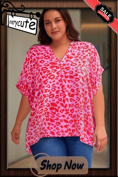 Rose Leopard Print V Neck Half Sleeve Plus Size Blouse Pink V-neck Vacation Shirt, Pink V-neck Shirt For Vacation, Plus Size Blouse, Blouse Plus Size, Clothing Plus Size, Plus Size Blouses, Half Sleeve, Plus Size Tops, Plus Size Clothing