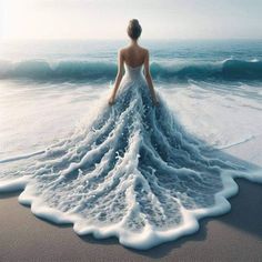 a woman standing in the ocean with her back to the camera, looking out at the waves