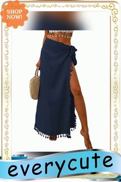 Navy Blue Splicing Tassels Irregular Beach Maxi Skirt Beach Season Skirt With Split, Beach Season Split Skirt For Beach, Beach Season Split Skirt For The Beach, Summer Bottoms With Tassels For Beach Season, Tassel Skirt For Summer, Tasseled Skirt For Summer, Bohemian Blue Maxi Skirt For Beach, Bohemian Blue Bottoms For Vacation, Bohemian Beach Skirt With Split