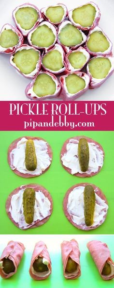 pickle roll ups with cream cheese and pickles in the middle, on top of each other