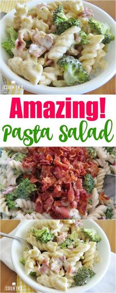 pasta salad with ham and broccoli in a white bowl