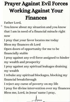 a prayer for the church with an image of a cross and words that read prayer against evil forces working against your finance