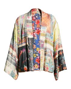 Johnny Was Callaway Flora Reversible Kimono Jacket   Brand New with tags   Color: Multi Size: M Retail Price: $285     Description: Reversible allover printed kimono with a draped fit. Intricate patterns adorn both sides of this reversible open-front kimono.   Open front with banded hem Long kimono sleeves Reversible Printed No closure Slip-on styling Invisible Zipper on Pocket Imported     Product Details:        51% Rayon/49% Viscose             Machine wash cold, no bleach. Tumble dry low, re Printed Kimono, Kimono Pattern, Kimono Sleeves, Long Kimono, Kimono Jacket, Jacket Brands, Kimono Sleeve, Johnny Was, Black Silk