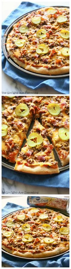 three different views of a pizza with several slices cut out and ready to be eaten