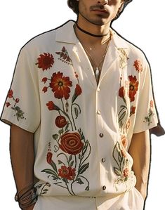 White Relaxed Fit Camp Shirt For Summer, Summer Printed Collared Tops, Summer Collared Printed Tops, Casual V-neck Camp Shirt For Summer, White Collared Tops For Beach Season, Printed V-neck Hawaiian Shirt For Summer, Cotton V-neck Shirt For Summer, Cotton V-neck Summer Shirt, Casual V-neck Hawaiian Shirt For Spring