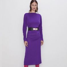 Nwt Zara Size Xs Purple Ruched Tube Cocktail Dress Brand New With Tags. Gorgeous Vivid Purple Elastic Tube Dress With Ruched Detailing On The Sleeves; Seen On Scottish Tv Personality, Lorraine Kelly. Belt Is Not Included. - 100% Polyester - 15.5" Armpit To Armpit, 47.5" Length Chic Purple Ruched Midi Dress, Zara Ruched Stretch Midi Dress, Chic Purple Midi Dress For Fall, Zara Long Sleeve Ruched Midi Dress, Zara Ruched Long Sleeve Midi Dress, Chic Purple Midi Dress By Zara, Chic Purple Zara Midi Dress, Lorraine Kelly, Tv Personality