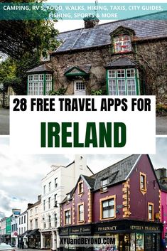 two pictures with the words 28 free travel apps for ireland in front of them and below