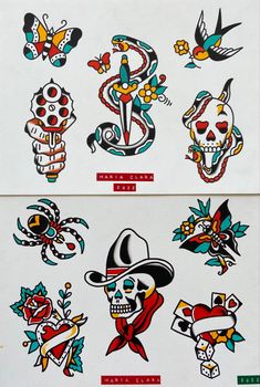 several different tattoos are shown on the side of a white paper sheet with red, blue and green designs