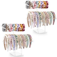 six pairs of hair ties on display with multiple colors and sizes, each in different styles