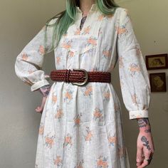 Love the pattern on this. The floral designs have a stitched look to them. Material feels like a lightweight very slightly sheer gauzey cotton. Love the billowing full sleeves. Best fits an xs-medium imo. Found this gal while visiting O'ahu. Has some suuuuper faint yellowing at the front bottom hem but is in otherwise great overall condition for her age/color. Seen on a 5'5"1/2, 33" bust, 26" waist & 38" hip (this fit me well) Shoulders: 14.5" Sleeves: 25" Chest: 19" (38") Waist: 21" (42") Hips: 25" (50") Length: 49" White Long Sleeve Prairie Dress For Spring, Bohemian Long Sleeve Prairie Dress For Summer, Cottagecore Long Sleeve Maxi Dress For Summer, Cottagecore Long Sleeve Maxi Dress For Spring, Spring Cottagecore Maxi Dress With Long Sleeves, Cottagecore Long Sleeve Summer Maxi Dress, Vintage Long Sleeve Maxi Dress For Daywear, Spring Cottagecore Long Sleeve Maxi Dress, Vintage White Maxi Dress With Long Sleeves