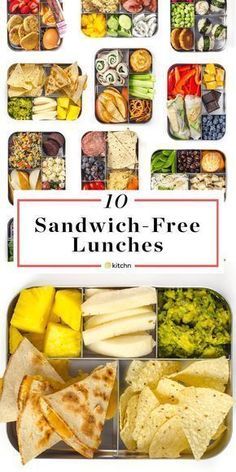 an assortment of sandwiches and other foods in tins with the title 10 sandwich - free lunches