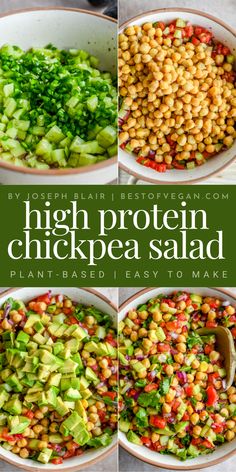 High Protein Chickpea Salad 4-image collage Chickpea Protein Shake, While Foods Plant Based Recipes, Health Kids Lunch, High Lysine Recipes, Gluten Free Vegetarian Meal Plan, Chickpea Lunch Meal Prep, Non Dairy Salad Recipes, Meat Free Protein Meals, Healthy Dairy Free Gluten Free Recipes