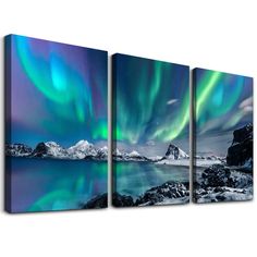 three canvases with an image of the aurora bore over water and mountains in the background