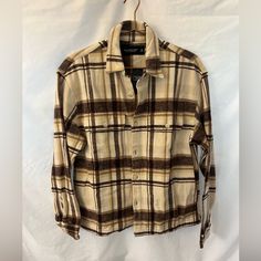 Abercrombie Heavyweight Shirt Jacket Flannel Material Pockets Looks Brown But Tags Says Light Brown Nwt Classic Plaid Outerwear With Spread Collar, Plaid Outerwear With Button Closure And Spread Collar, Classic Brown Long Sleeve Flannel Shirt, Classic Long Sleeve Shacket With Snap Buttons, Classic Collared Flannel Shirt For Fall, Classic Brown Collared Shacket, Beige Long Sleeve Flannel Shirt For Fall, Classic Winter Flannel Shirt With Spread Collar, Vintage Plaid Long Sleeve Outerwear