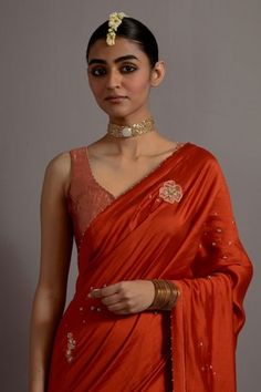 Tangerine saree with tissue appliqued in enlarged booti embroidered all over. Comes with metallic sleeveless blouse. - Aza Fashions Festive Raw Silk Pre-draped Saree, Festive Pre-draped Chanderi Saree, Transitional Pre-draped Saree With Resham Embroidery For Celebration, Celebration Saree With Mirror Work, Transitional Celebration Pre-draped Saree With Resham Embroidery, Festive Pre-draped Embroidered Saree, Designer Wear Pre-draped Saree With Zari Work, Diwali Mirror Work Blouse Piece, Festive Pre-draped Saree For Diwali