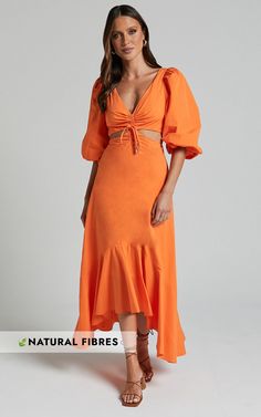 Djibouti Midi Dress - Puff Sleeve Cut Out Dress in Orange Chic Orange A-line Midi Dress, Chic Balloon Sleeve Vacation Dress, Casual Orange Puff Sleeve Dress, Vacation Dresses With Gathered Balloon Sleeves, Orange Ruffled Midi Dress For Brunch, Beach Midi Dress With Ruched Puff Sleeves, Orange A-line Midi Dress For Vacation, Orange Puff Sleeve Dress For Brunch, Fitted Vacation Dress With Balloon Sleeves