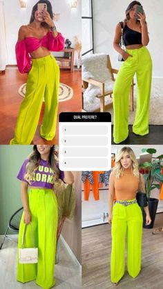 Lime Green Palazzo Pants Outfit, Neon Green Color Combinations Outfit, Neon Green Outfits For Women, Neon Party Outfit Ideas, Color Blocking Outfits Classy, Neon Party Outfit For Women, Neon Party Ideas Outfit, Neon Outfit Ideas Party, Colorful Party Outfit