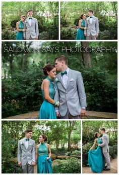 a man and woman are posing for pictures in the woods with their arms around each other