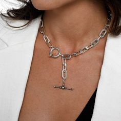 "A rectangle link necklace, made of silver-plated brass in very high quality with a T bar & large spring ring clasp from sterling. The necklace is coated with very high quality, it is full of presence and suitable for those who love street fashion. SIZE Length : 13.8\" (35 cm) up to 19.9\" (50 cm) width link chain : 0.39 inch (1 cm). high link chain : 0.59\" 1.5cm width T bar - 1.18\" (3cm) thick T bar - 0.15\" (0.4cm) width spring ring claps : 0.94\" (2.4cm) If you are interested in a perso Jewelry Streetwear, Streetwear Jewelry, Lariat Necklace Silver, Paperclip Chain Necklace, Rock Necklace, Necklace Gothic, Toggle Necklace, Necklace Chunky, Grunge Punk