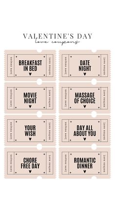 four valentine's day movie tickets with the words, date in bed and one for each