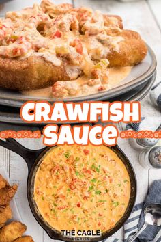 the cover of crawfish sauce is shown next to other food items on plates