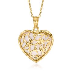 Ross-Simons - Pink Mother-of-Pearl Floral Heart Pendant Necklace in 14kt Yellow Gold. 18". This dreamy pendant necklace features a lovely 17x6.5mm heart-shaped pink mother-of-pearl cabochon overlaid with 14kt yellow gold floral openwork. Suspends from a rope chain with a 2" extender. Textured and polished finishes. Springring clasp, pink mother-of-pearl floral heart pendant necklace. Pearl birthstones are the perfect gift for June birthdays. Valentine's Day Yellow Gold Necklace With Pearl Pendant, Valentine's Day Yellow Gold Pearl Pendant Necklace, Pearl Birthstone, Fine Jewelery, Jewelry Accessories Ideas, Mother Of Pearl Necklace, Yellow Gold Jewelry, Floral Heart, Necklace Pearl