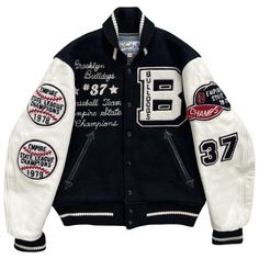 "Whitesville Varsity Jacket Vintage wool varsity jacket. 30 oz Melton Wool body and real leather sleeves. 1978-1979 Brooklyn Bulldogs. Size 36 / S. Pit to pit 21\". Length 23\". Light wear overall due to age." Varsity Jacket Aesthetic, Letterman Jacket Outfit, Black Varsity Jacket, College Jacke, Estilo Swag, Beautiful Black Hair, Leather Sleeves, Racing Jacket, Letterman Jacket