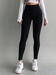 Women's Solid Color Leggings/tights Black Casual   Knitted Fabric Plain Regular Medium Stretch  Women Clothing, size features are:Bust: ,Length: ,Sleeve Length: Black Leggings Cotton, Tights Outfits Leggings, Black Leggins, Outfit Sport, Tights Outfits, Color Leggings, Womens Black Pants, Women Crew Socks, Women Leggings