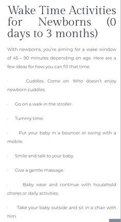 an image of a baby's birth schedule with the text wake time activities for newborns 0 days to 3 months