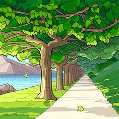 an image of a cartoon scene with trees on the side and water in the background