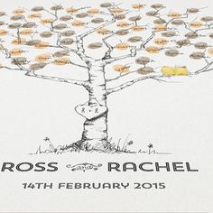 a drawing of a tree with lots of leaves on it and the words ross rachel written in yellow