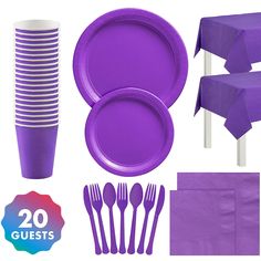 purple plastic tableware and napkins with 20 guests